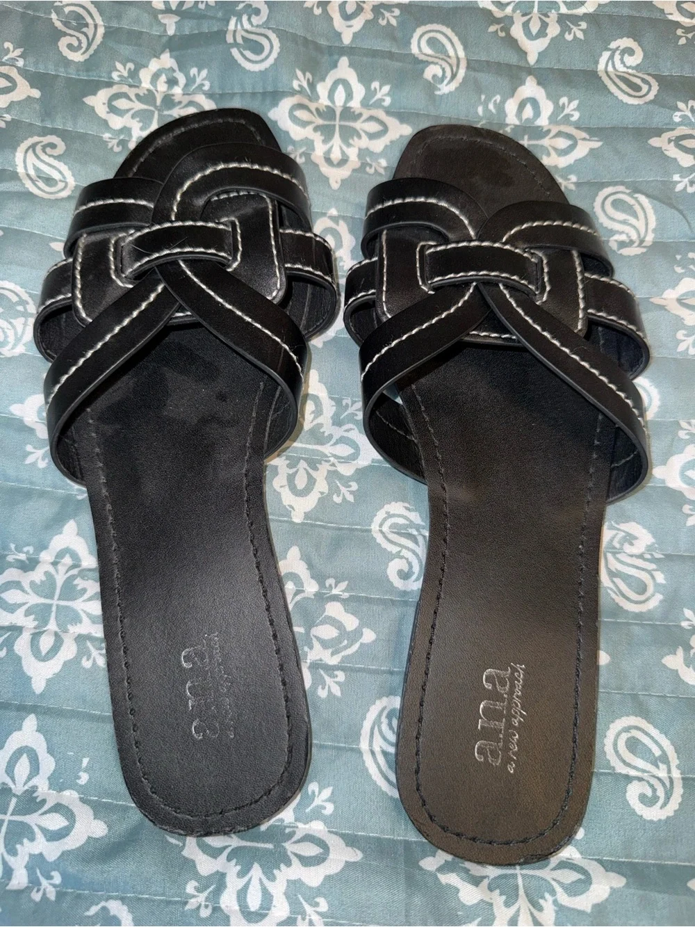 Black Womens Slide Sandals with Woven Straps